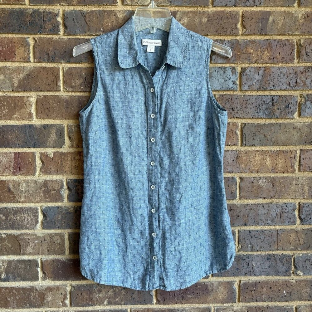 Coldwater Creek Sleeveless Linen Blue Women's Button Up Blouse Top SZ Medium